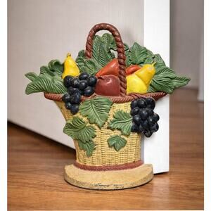Vintage Heavy Cast Iron hand Painted Fruit Basket Doorstop